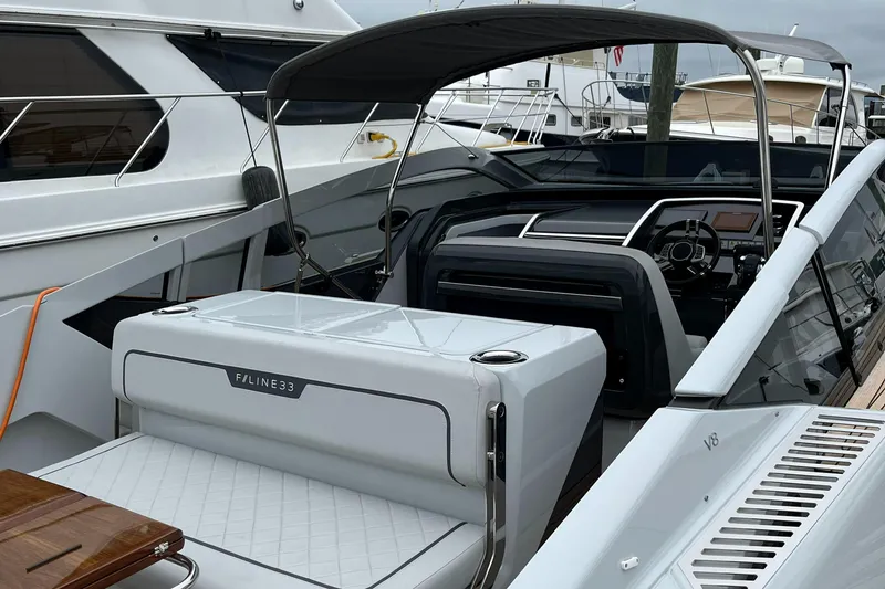 Slide: The Image of 2022 Fairline F//Line 33 luxury yacht interior with sleek design and modern features. - 21