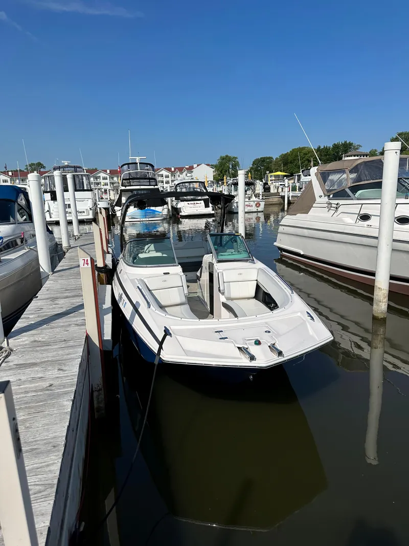 Slide: The Image of 2017 Regal Fasdeck RX boat docked at a marina on a sunny day. - 8