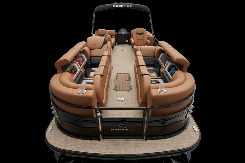 Slide: The Image of 2024 Regency 250 LE3 pontoon boat with luxurious seating and ample storage. - 28