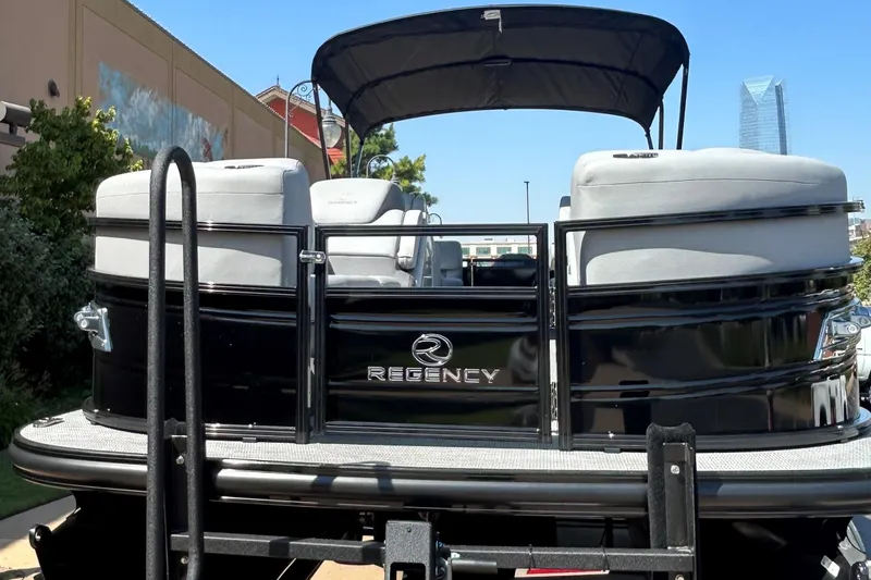 Slide: The Image of 2024 Regency 250 LE3 pontoon boat, black exterior, docked with canopy. - 3