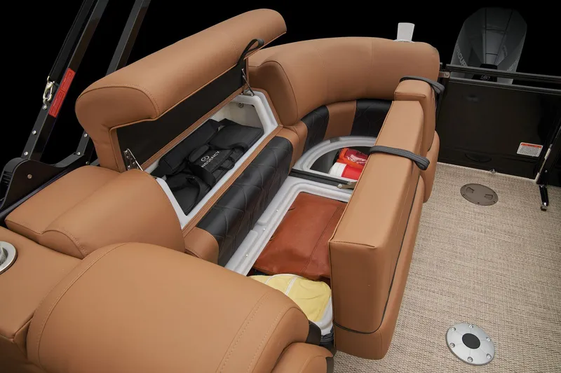 Slide: The Image of 2024 Regency 250 LE3 boat with open storage compartments and tan leather seating. - 62