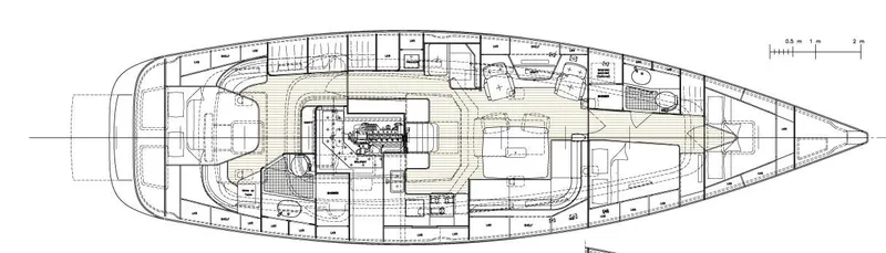 Slide: The Image of Floor plan of a 2009 Hallberg-Rassy 54 yacht, showcasing interior layout and design. - 29