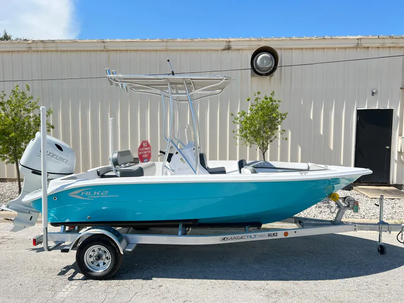 Slide: The Image of 2024 ALK2 Powerboats 18 CRS in turquoise on a trailer. - 2