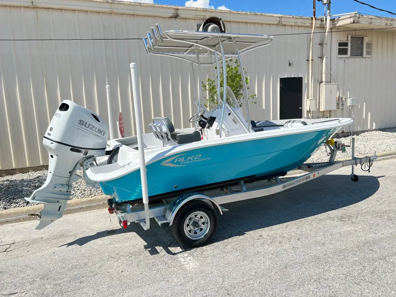 Slide: The Image of 2024 ALK2 Powerboats 18 CRS on trailer with Suzuki outboard motor. - 4