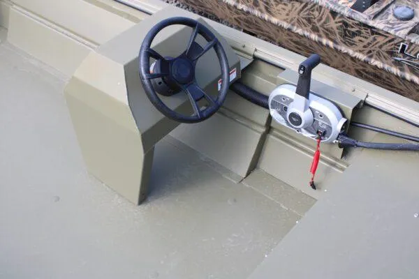 Slide: The Image of 2023 Lowe Roughneck 1860 Rambler boat steering console and throttle control. - 4