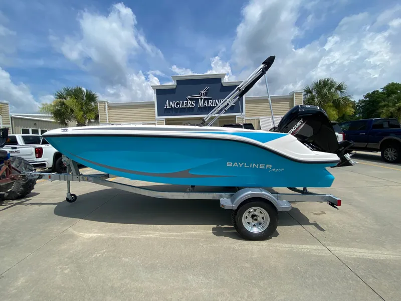 Slide: The Image of 2024 Bayliner Element M17 boat on trailer at Anglers Marine dealership. - 0