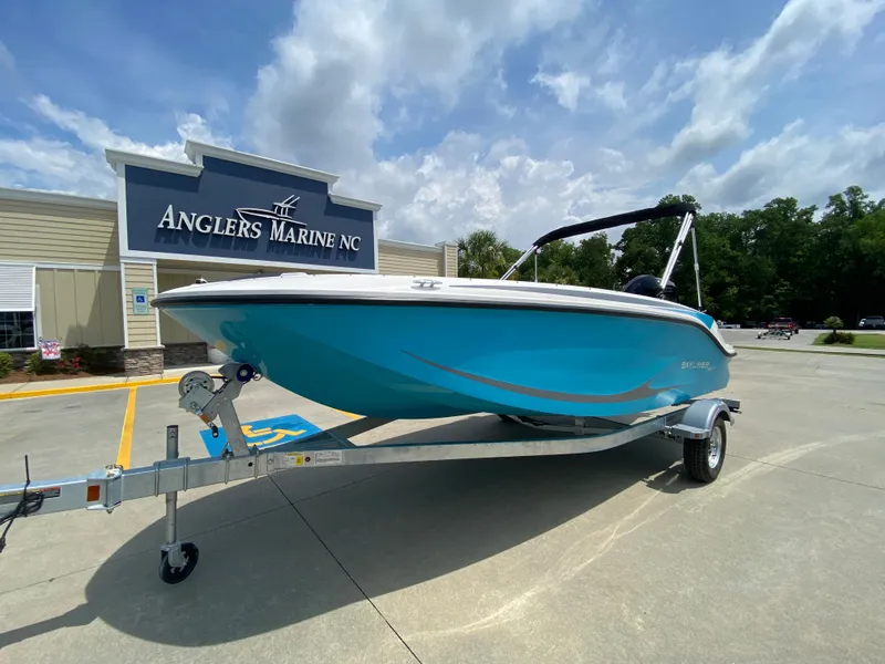 Slide: The Image of 2024 Bayliner Element M17 boat on trailer at Anglers Marine NC dealership. - 1