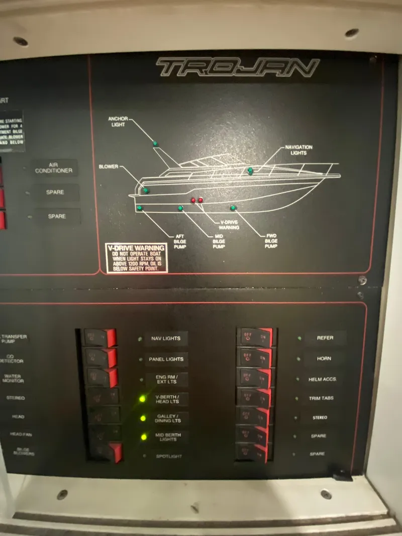 Slide: The Image of Control panel of a 1996 Carver 390 Express boat with labeled switches and indicators. - 29