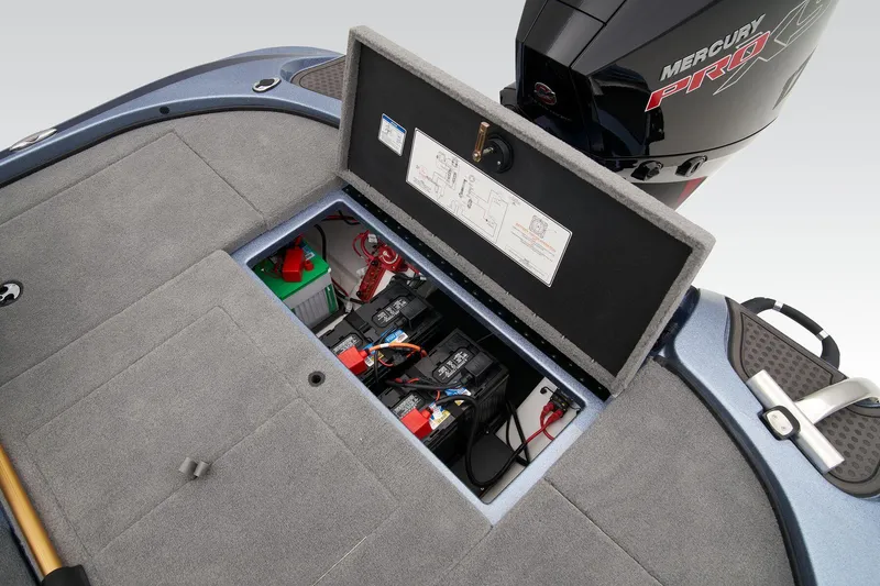 Slide: The Image of 2024 Nitro Z18 Pro boat battery compartment with Mercury Pro XS engine. - 49