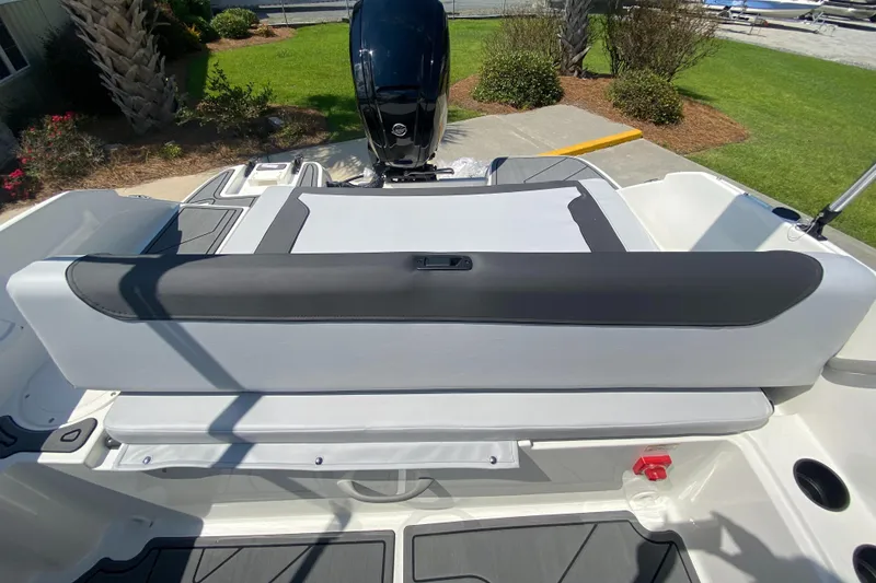 Slide: The Image of 2024 Bayliner Element M19 boat interior with rear seating and outboard motor. - 16