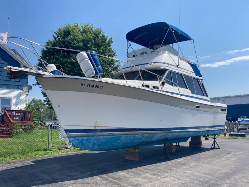 The Image of 1984 Bayliner 3270 Command Bridge boat on dry dock with blue canopy. - 0
