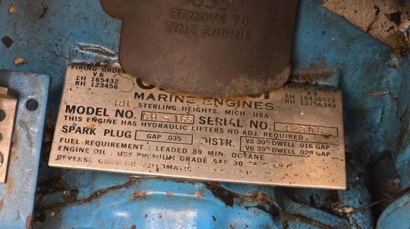Slide: The Image of Engine information plate on a 1984 Bayliner 3270 Command Bridge boat. - 18