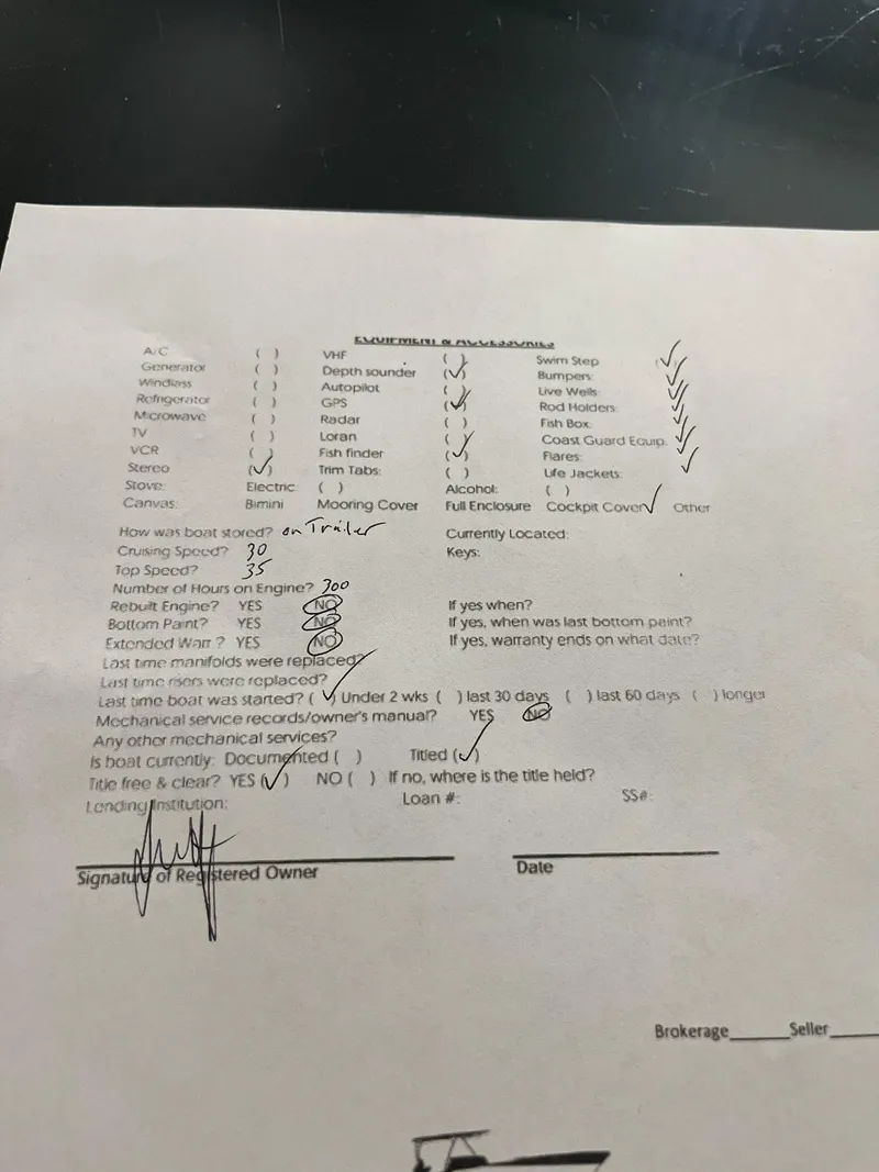Slide: The Image of 1988 Mako 171 Center Console boat inspection checklist with handwritten notes and signatures. - 31