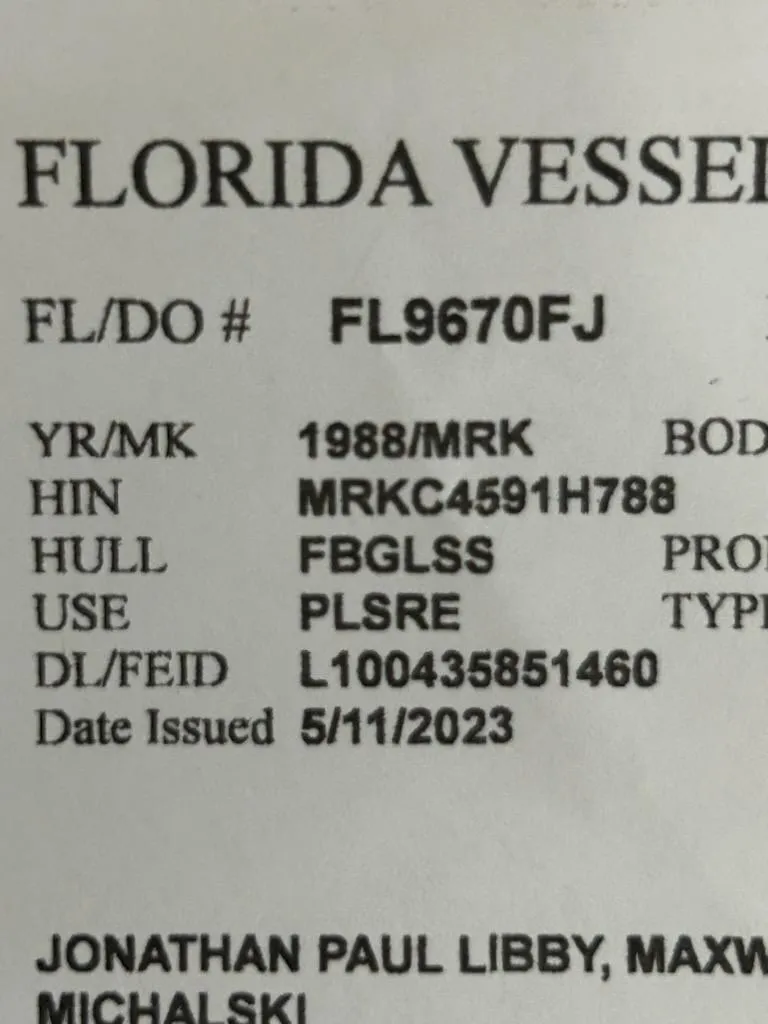 Slide: The Image of Florida vessel registration document for 1988 Mako 171 Center Console boat. - 8