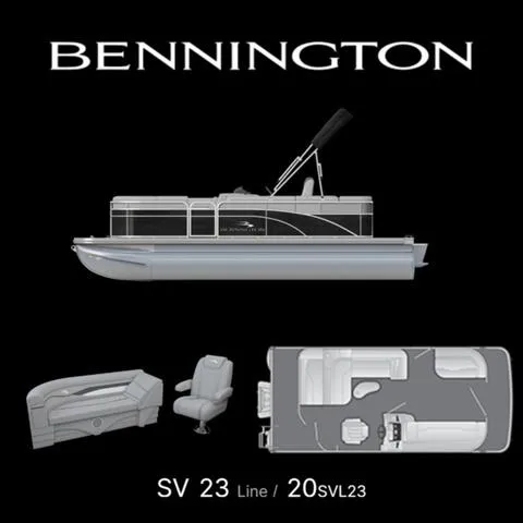 Slide: The Image of 2025 Bennington 20 SVL pontoon boat with seating layout and side profile. - 21