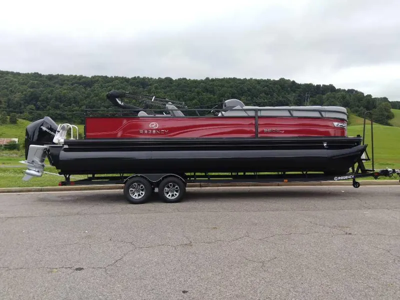 The Image of 2024 Regency 250 DL3 pontoon boat on trailer, parked on road with scenic background. - 0
