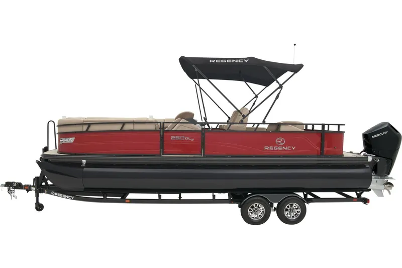 Slide: The Image of 2024 Regency 250 DL3 pontoon boat on a trailer with a black canopy. - 12