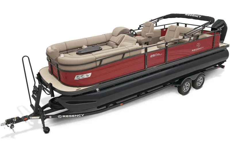 Slide: The Image of 2024 Regency 250 DL3 pontoon boat on a trailer, featuring red and beige seating. - 4