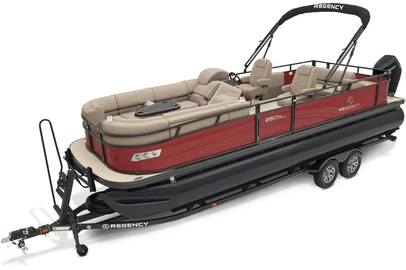 Slide: The Image of 2024 Regency 250 DL3 pontoon boat on trailer, red and beige upholstery. - 5