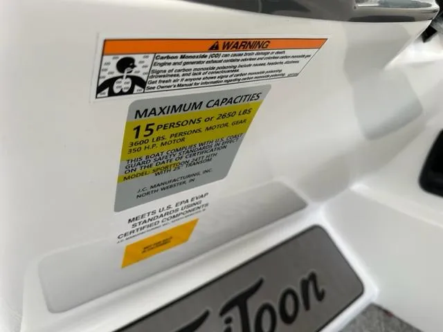 Slide: The Image of 2023 JC SportToon 24 TT boat capacity and safety warning labels - 22