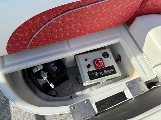 Slide: The Image of Battery compartment of 2023 JC SportToon 24 TT pontoon boat with Tritoon Marine components. - 29
