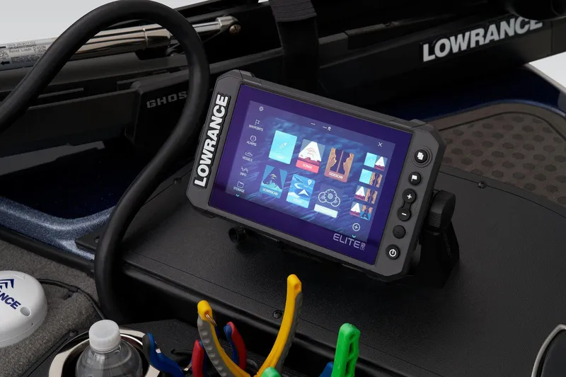 Slide: The Image of Lowrance Elite fish finder on 2024 Nitro Z18 Pro boat dashboard. - 13