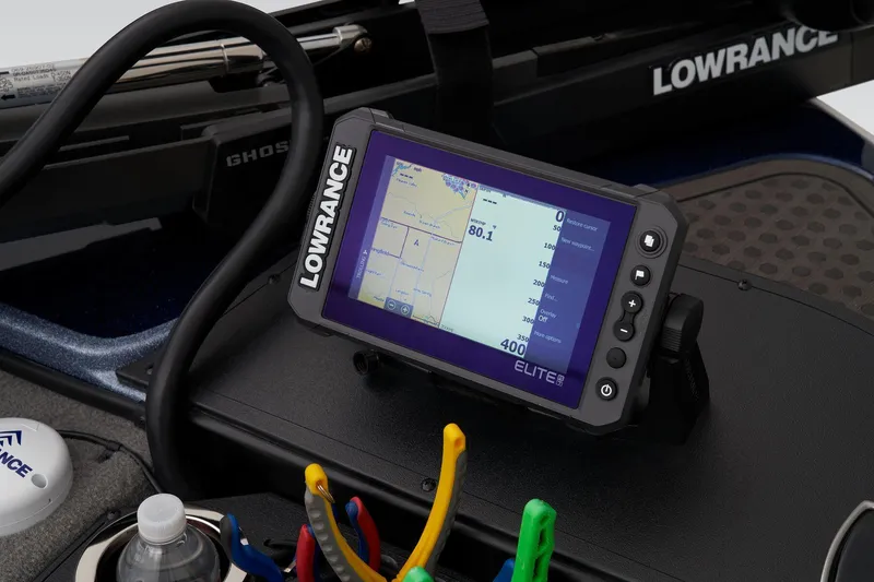 Slide: The Image of Lowrance Elite fish finder on 2024 Nitro Z18 Pro boat dashboard. - 14