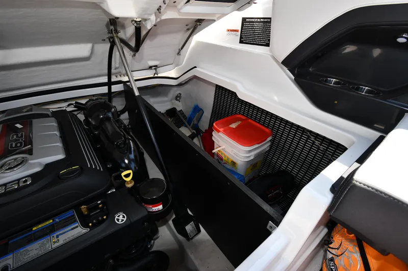 Slide: The Image of 2021 Monterey 278 Super Sport engine compartment with storage area. - 46