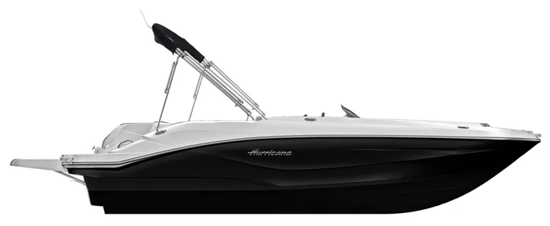 Slide: The Image of 2024 Hurricane SunDeck Sport 205 IO boat, side view, black and white design. - 24