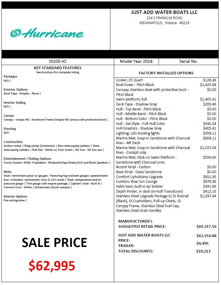 Slide: The Image of 2024 Hurricane SunDeck Sport 205 IO boat price sheet with sale price of $62,995. - 25