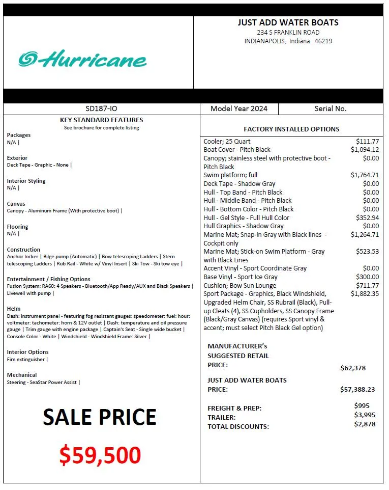 Slide: The Image of Hurricane SunDeck 187 IO 2024 boat price list with sale price of $59,500. - 15