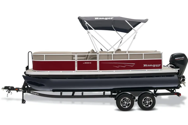 Slide: The Image of 2024 Ranger Reata 200C pontoon boat with canopy and trailer. - 13