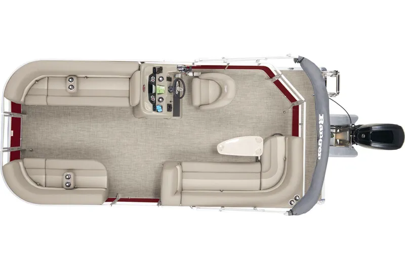 Slide: The Image of 2024 Ranger Reata 200C pontoon boat interior layout, beige seating, and steering console. - 15