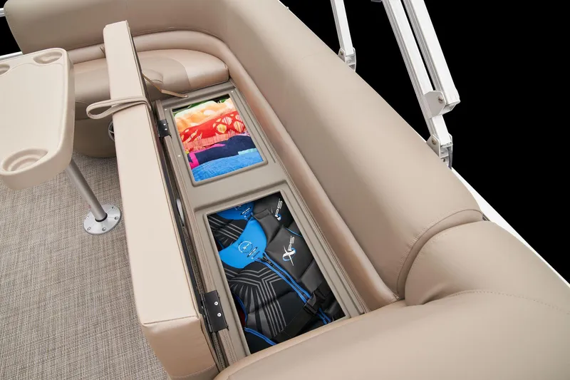 Slide: The Image of 2024 Ranger Reata 200C boat with under-seat storage compartments. - 41