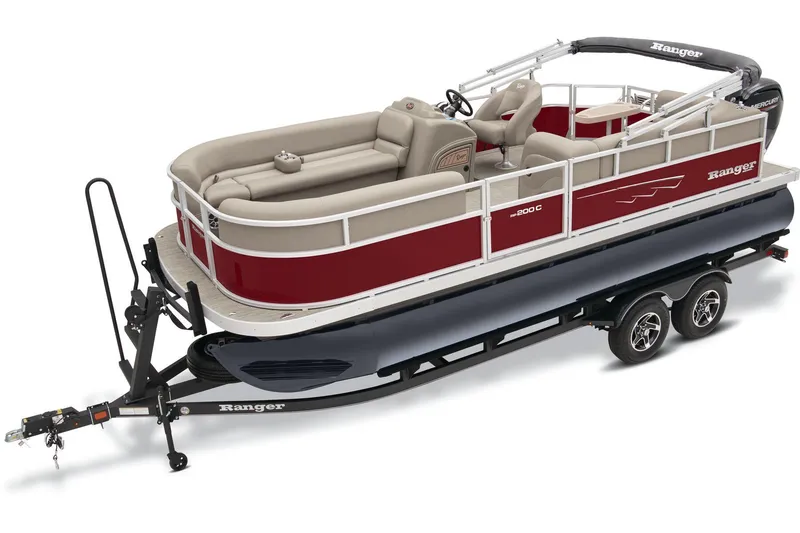 Slide: The Image of 2024 Ranger Reata 200C pontoon boat on trailer, red and beige color scheme. - 9