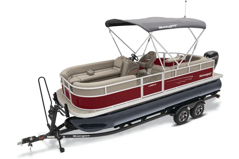 Slide: The Image of 2024 Ranger Reata 200C pontoon boat on a trailer with a canopy. - 7