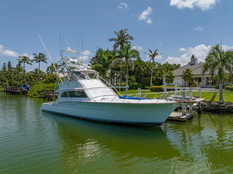 Slide: The Image of 1990 Buddy Davis 61 Convertible yacht docked near palm trees and waterfront property. - 48