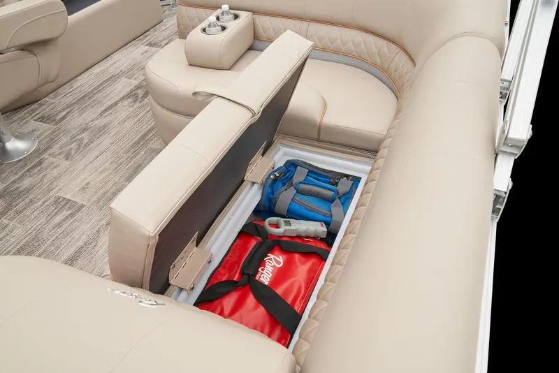 Slide: The Image of 2024 Ranger Reata 220F boat with under-seat storage compartment. - 44