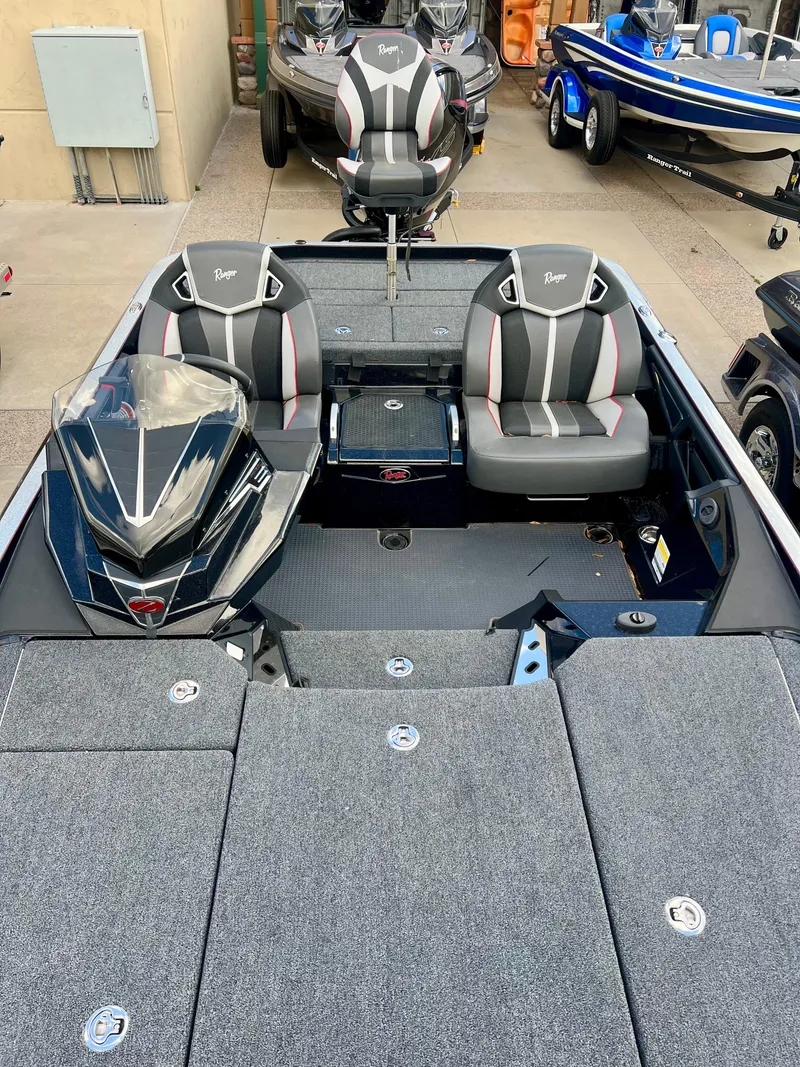 Slide: The Image of 2024 Ranger Z520R fishing boat with dual seats and modern dashboard. - 4