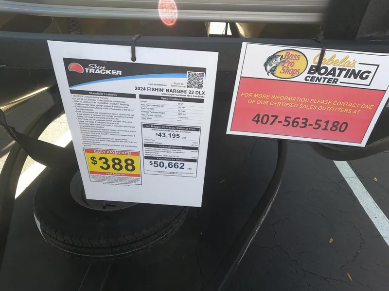 Slide: The Image of 2024 Sun Tracker Fishin' Barge 22 XP3 price and contact information at Bass Pro Shops. - 12