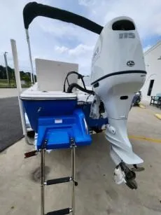 Slide: The Image of 2023 Sundance DX20 boat with 115 HP outboard motor and swim ladder. - 2