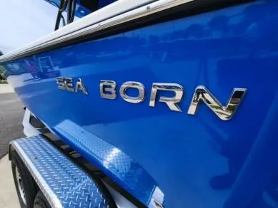 Slide: The Image of 2023 Sea Born LX 24 LE boat with blue exterior and chrome logo. - 13