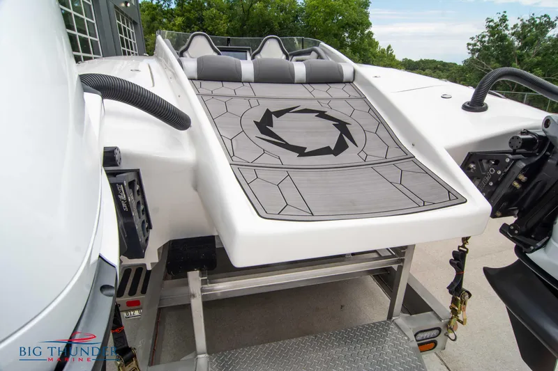 Slide: The Image of 2023 Fountain 34 Thunder Cat boat rear deck on trailer. - 10