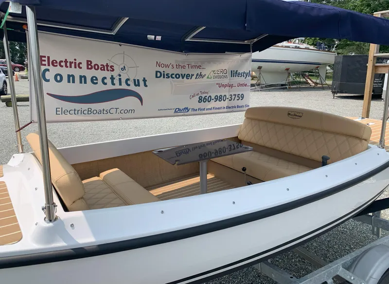 Slide: The Image of 2023 Vision Marine Technologies Quietude 156 electric boat on display in Connecticut. - 3