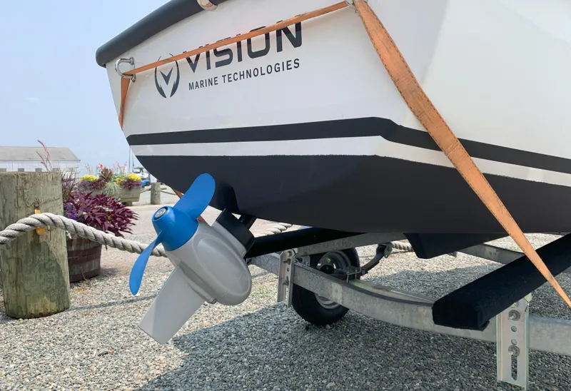 Slide: The Image of 2023 Vision Marine Technologies Quietude 156 boat on trailer with electric motor. - 8