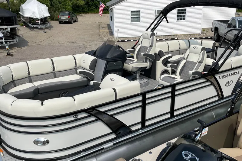 Slide: The Image of 2024 Veranda VP 22RC pontoon boat with luxurious seating and modern design. - 9