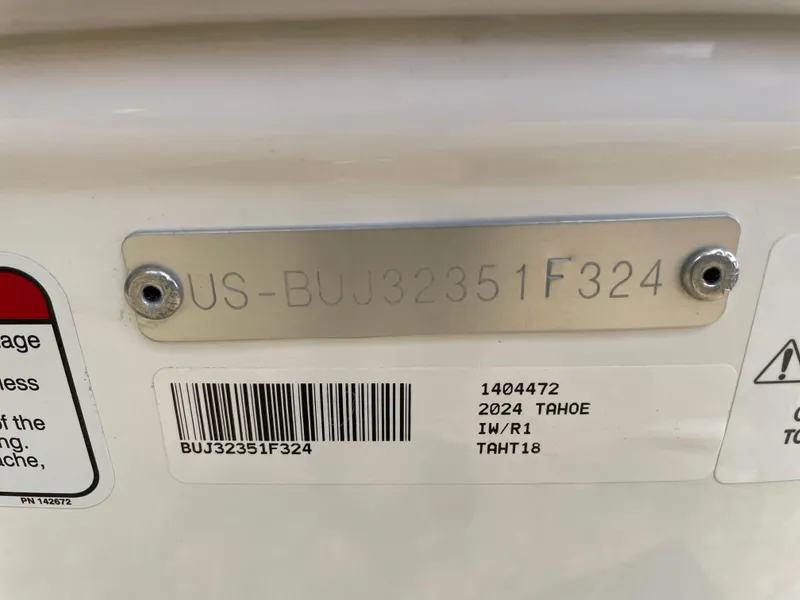 Slide: The Image of 2024 Tahoe T18 boat identification plate with serial number and barcode. - 10