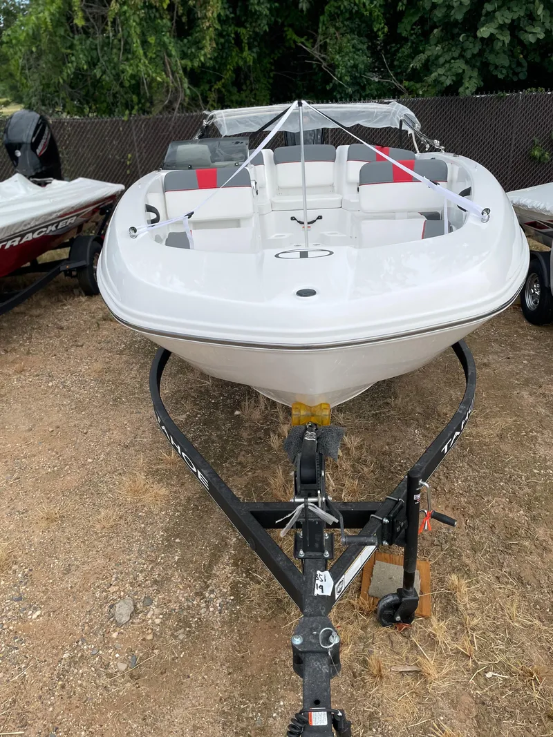 Slide: The Image of 2024 Tahoe T18 boat on trailer, front view. - 7