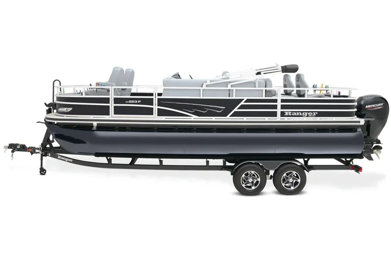 Slide: The Image of 2024 Ranger Reata 223F pontoon boat on trailer, side view. - 12
