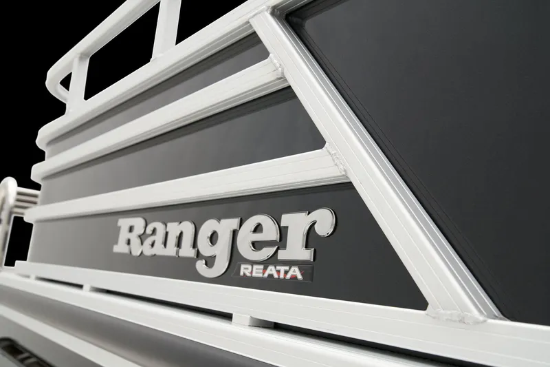 Slide: The Image of 2024 Ranger Reata 223F boat side view with logo. - 24